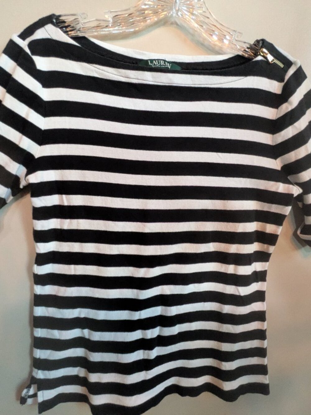 lauren ralph lauren top women size M black white striped gold shoulder #766